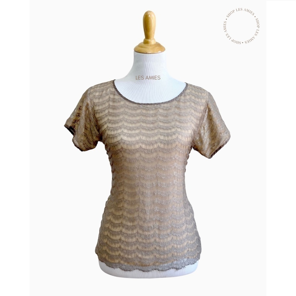 JCrew Womens Taupe Neutral Sheer Lace Overlay Scalloped Hem Blouse Top XS‎